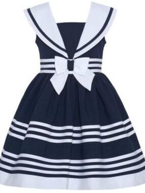 Girls Navy Blue Sailor Pageant Dress with White Trim